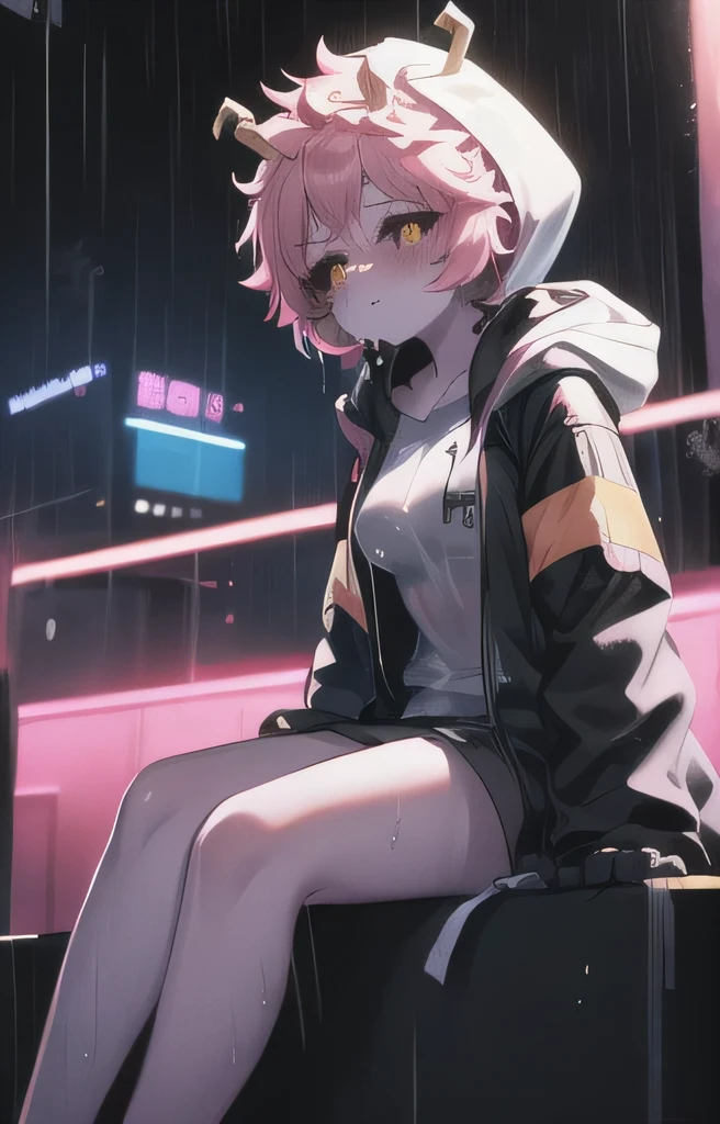 front, 1girl, pink hair, short pink hair, bright pink skin, black sclera, small horns (yellow), medium breasts, bright cyberpunk clothes, large coat with hood up, cybernetic augments, sitting on bench, crying, rain, rain drops, street dystopian atmosphere, night time, neon lights, wet hair, glistening suit, glistening skin, neon lights overhead