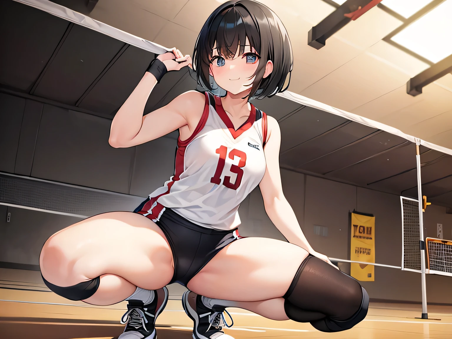 (masterpiece、highest quality、High resolution、Realistic photo、Real looking skin:1.1)、
(A woman is taking a break at a volleyball bar:1.5)、
(I have a smile of satisfaction.:1.5)、
(I always wear knee supports on both knees.:1.8)、
(She is wearing a volleyball uniform, a sleeveless tight sports shirt and short tight shorts.:1.8)、
(I'm wearing high socks:1.5)、
(She is wearing gym sneakers.:1.5)、
(It's short black hair:1.8)、
(The location is the volleyball court in the high school gym.:1.5)、
1 Japanese Girl、solo、Full Body Esbian、Beautiful Eyes、Shining Eyes、Shining thighs、NSFW