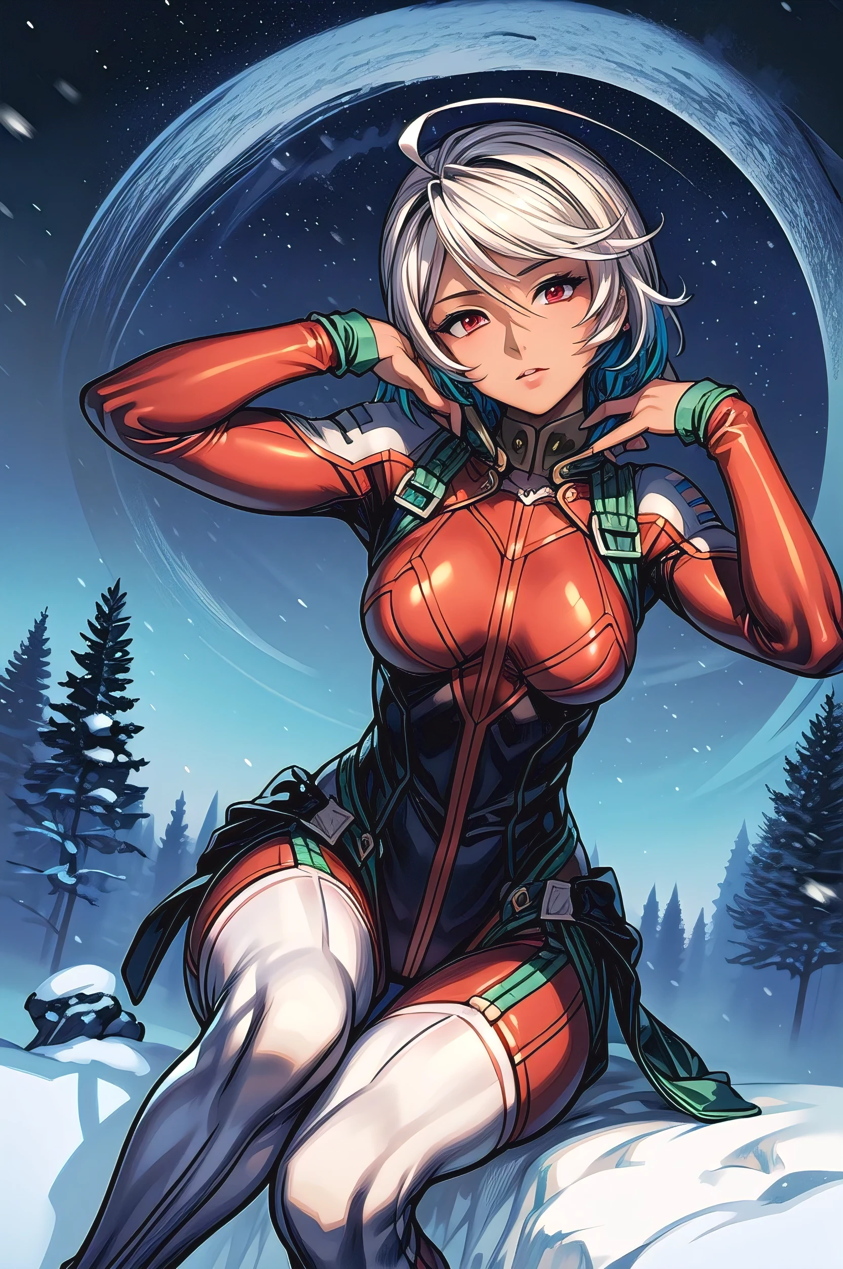 (masterpiece, best quality:1.2), solo, 1girl, yamamoto akira, dark skin, expressionless, looking at viewer, ahoge, bodysuit, outer space, (dynamic pose:1.0),happy,smile,(centered,scale to fit dimensions,Rule of thirds), ((snowy pine forest at night)), with dark stormy clouds,winter,scenery:1.25,((snow forest background)),Christmas tree, highres,sharp focus,(ultra detailed,extremely detailed),(((vibrant colors,vibrant theme))),(intricate),(masterpiece),(best quality), sitting
