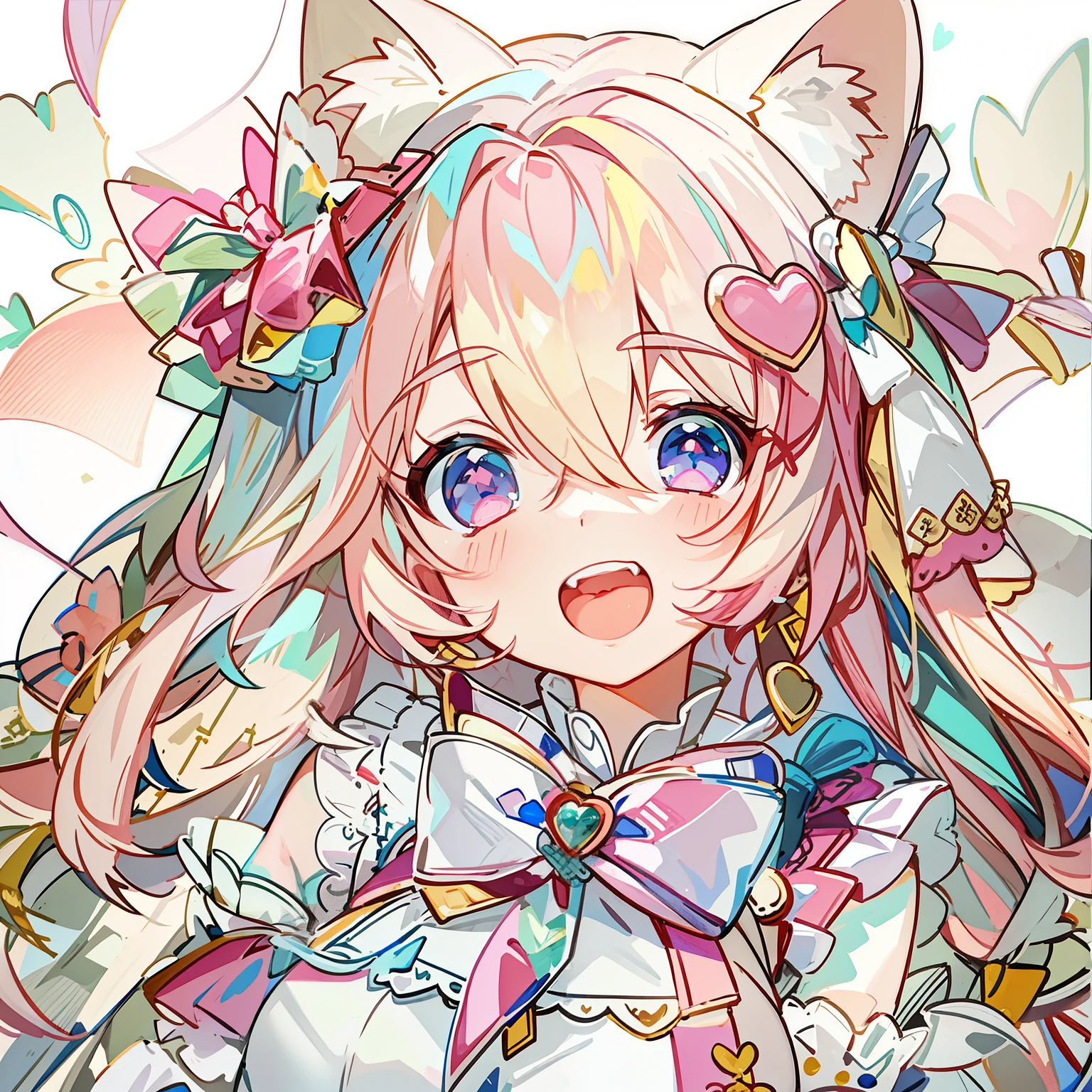 Masterpiece,Best quality, White background, (10:1girll), (10:One guy), Very long hair, White and pink hair , Love decoration , Multiple cyan and pink bows, White and pink pair of cat ears , Cyan eyes , Look straight ahead , love heart , Pink bow tie , White clothes , 5:Open mouth, 5:teeth