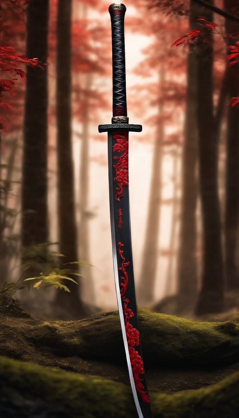 (Outstanding、Professional、Surreal)、Detailed black red Japanese katana, Metallic magical texture, Lying on the ground, full japanes katana, super long katana. realistic shape of katana, detailed katana sword.