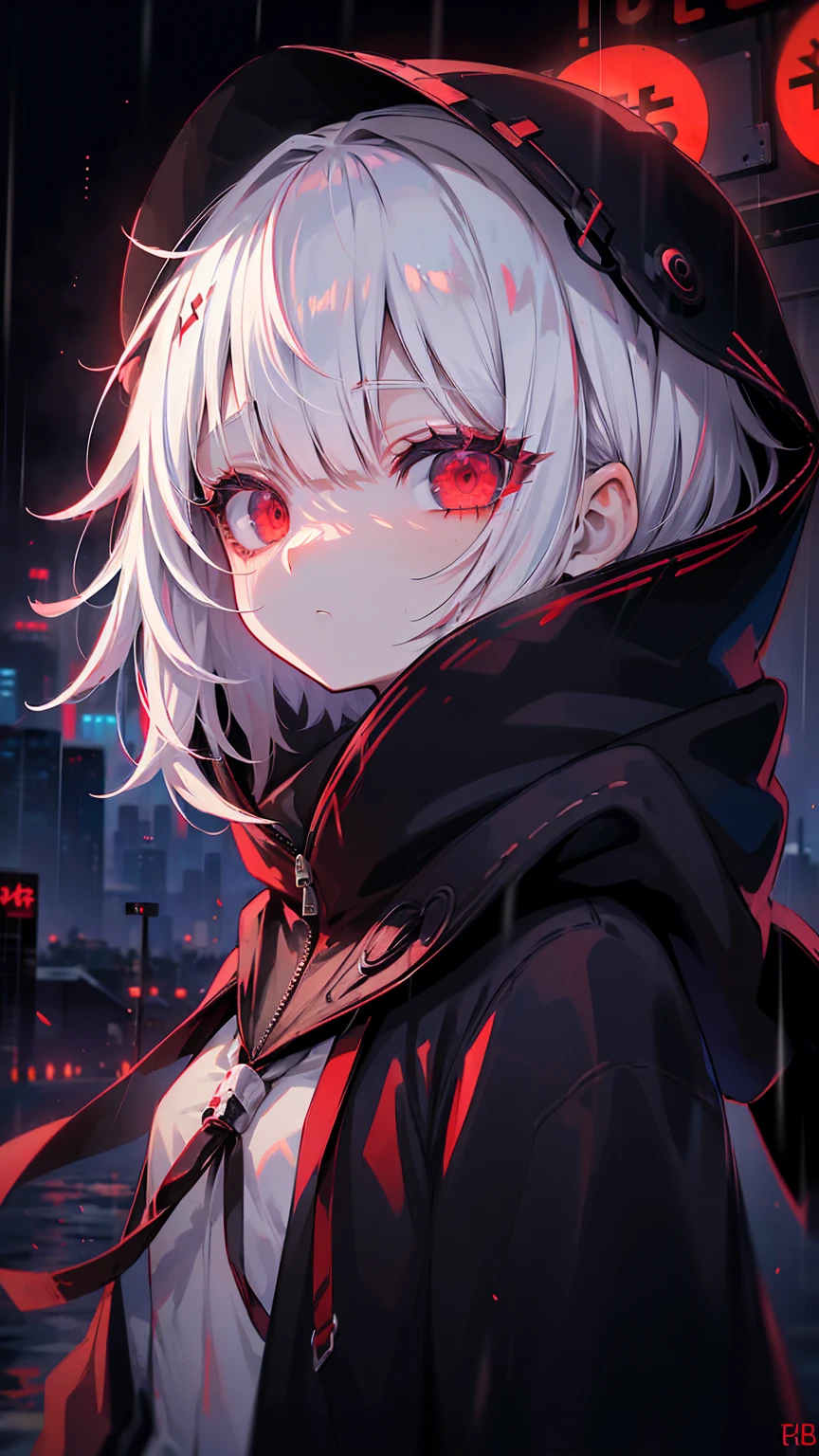 kk, best quality, more details, masterpiece, 1 Girl, kaneki ken, portrait, male focus, red eyes, solo, bangs, looking at viewer, hood, short hair, rain, tokyo tokyo \(city\),  hood up, nail polish, white hair, luxurious, 8k, detailed, ray tracing, depth of field, cinematic lighting,