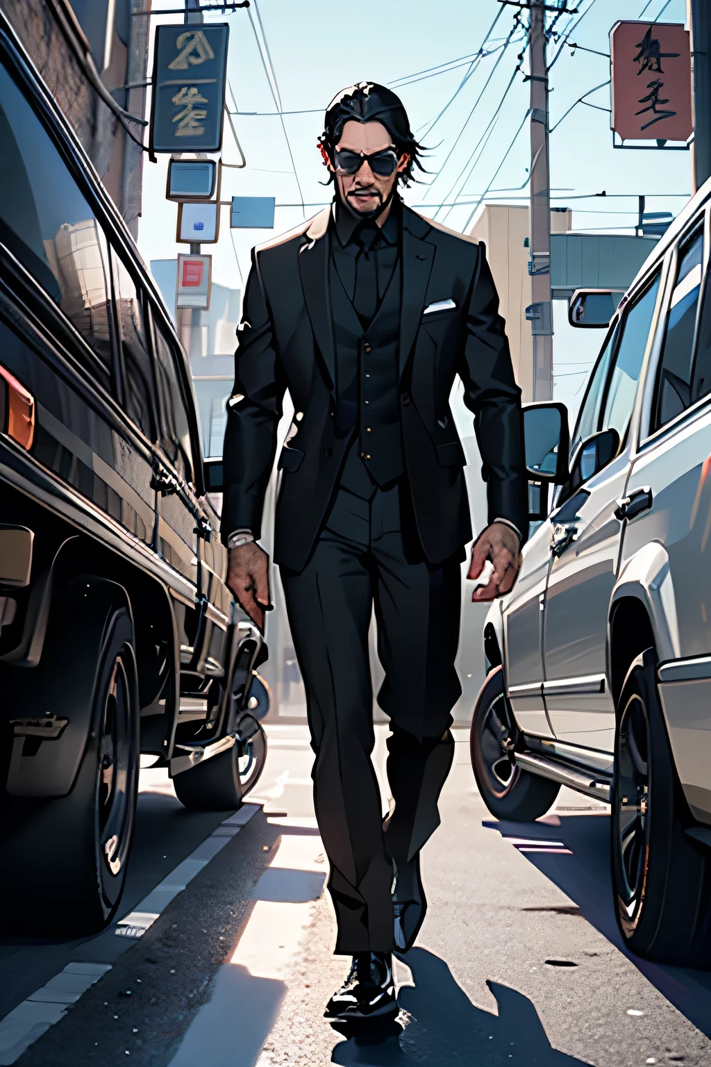 A man in a black noble suit, inspired by Ding Yunpeng from the Chinese mafia and reminiscent of Andy Lau's portrayal in the John Wick movies, stands confidently in front of a line of gleaming cars. The suit's meticulously tailored fabric hugs his toned figure, and a tattoo peeks out from the sleeve of his left hand, adding a subtle edge to his imposing presence. In the background, the trailers of the latest John Wick movie can be seen, while the setting sun casts dramatic shadows over the scene. Inspired by the masterful storytelling of author Xi Gang, every detail in this image exudes quality and