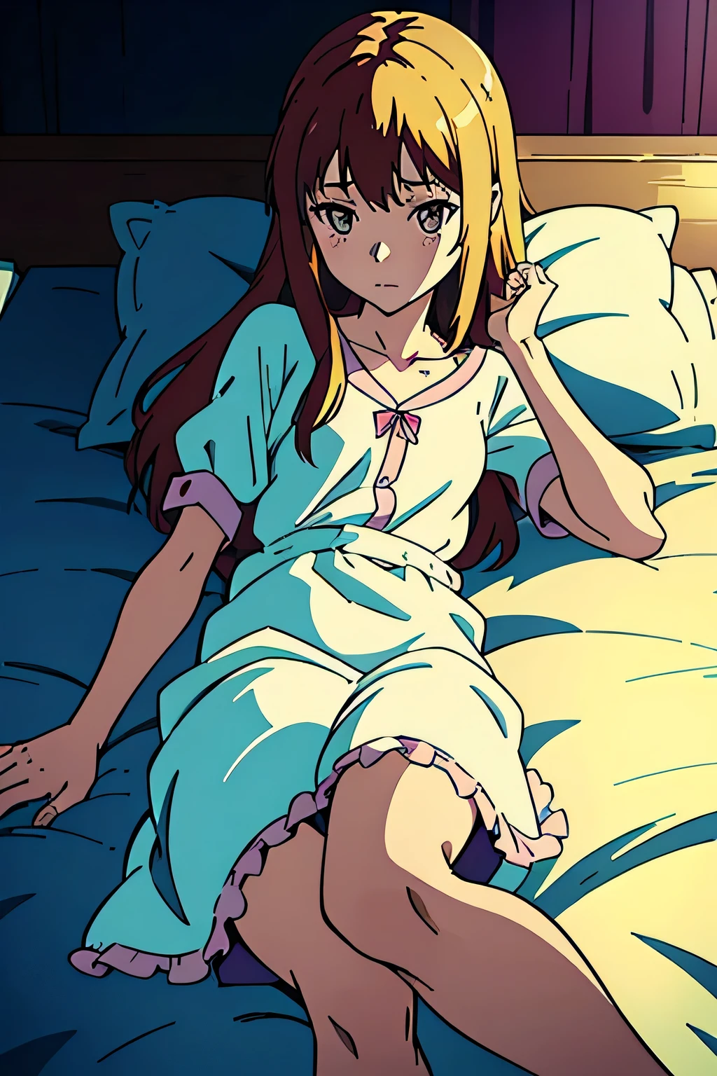 anime girl laying in bed with pillow and pillow case, anime moe artstyle, marin kitagawa fanart, ilya kuvshinov with long hair, (anime girl), anime visual of a cute girl, cute anime girl, young anime girl, pretty anime girl, in dress, seductive anime girl, an anime girl, , anime best girl