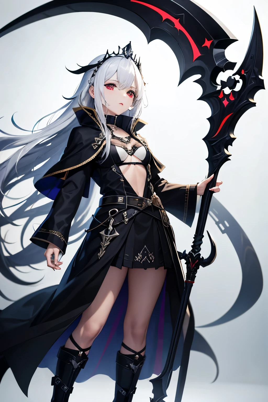 （（（highest quality、Masterpiece、Normal body、8k、Detailed face、Ultra-precision、Normal hand、Normal finger、５Finger、Highest）））Beautiful girl with golden and silver hair、Princess、Absolute Being、Twilight Dress、White and black skirt、Shiny Tiara、metal boots、Death Scythe、Game Scythe、grim Reaperの鎌、disaster々New Scythe、disaster々Aura、reap the soul、death penalty、Grim Reaper、grim Reaper、collapsing universe、Dimensional Destruction、The End of the Galaxy、Combat Ready、Death Scytheを振りかぶる、He lowers his waist, holds the scythe in both hands and swings it over his shoulder.、Brace your feet and put your hips in