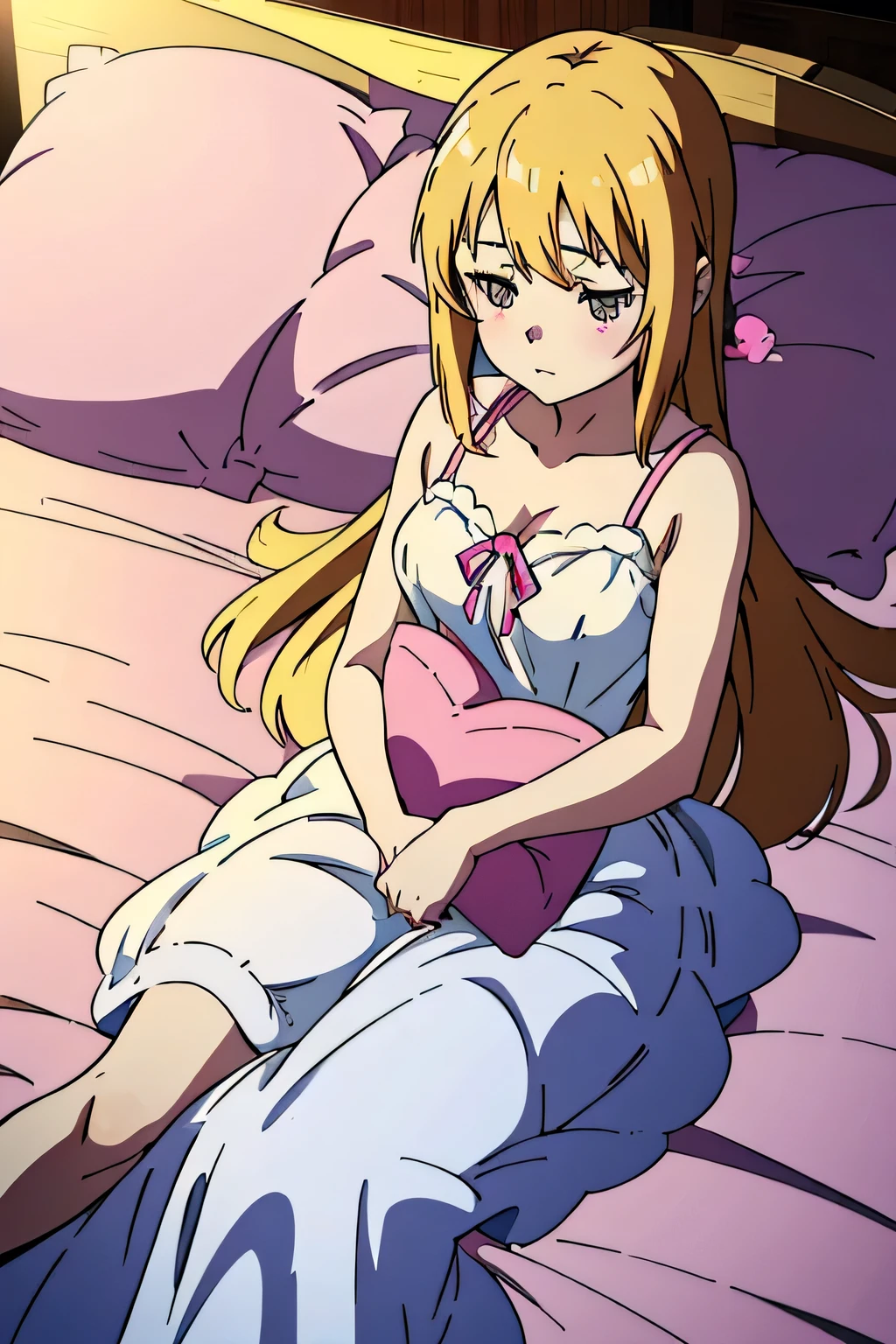 anime girl laying in bed with pillow and pillow case, anime moe artstyle, marin kitagawa fanart, ilya kuvshinov with long hair, (anime girl), anime visual of a cute girl, cute anime girl, young anime girl, pretty anime girl, in dress, seductive anime girl, an anime girl, , anime best girl