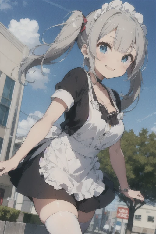masterpiece, highest quality, Very detailed,(change),This anime, ,Anime Moe Art Style,Anime-style illustrations, (Beautiful Eyes), ((cute)), cute, (Lovely),, , Shiny skin, ,Ultra-high resolution,
1 girl,whole body,,smile,Maid,,Short sleeve,mini skirt,Outdoor,Cleavage,thigh,White panties,,Blunt bangs,zettai ryouiki,Dynamic pose,Twin tails,Silver Hair,,20 years of sale