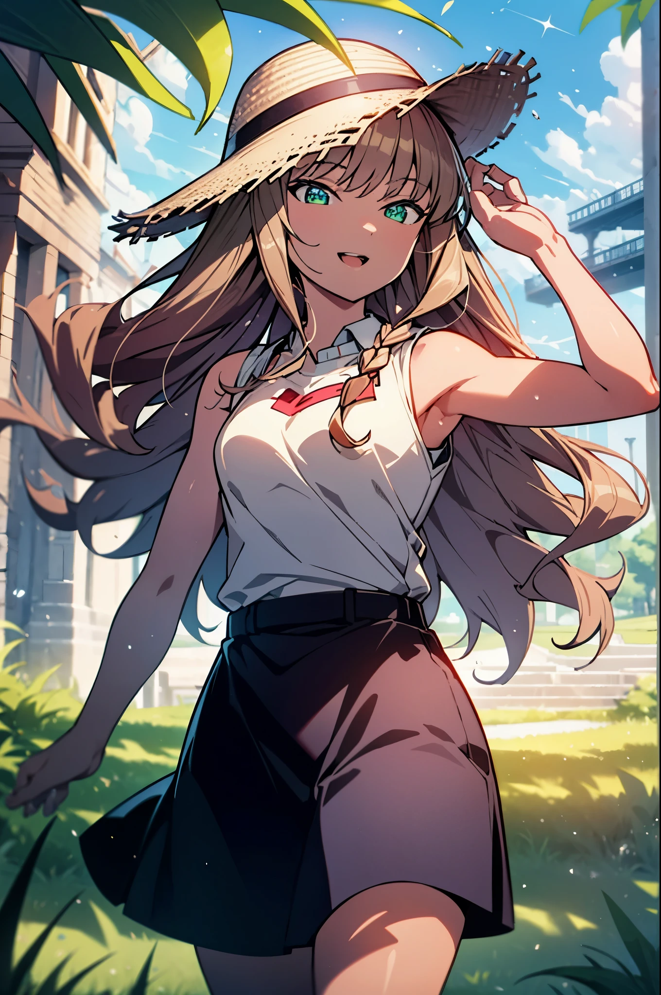 8k,highest quality,masterpiece,The seeds of a southern dream,The seeds of a southern dream sss Dynazenon,Brown Hair,Long Hair,Green Eyes,Short braided hair,happy smile, smile, Open your mouth,Big straw hat,Sleeveless dress,Bare arms,Long skirt, ,Cute heeled sandals,Building district,Clear skies,Daytime,(Cowboy Shot:1. 5),(masterpiece:1.2), highest quality, High resolution, unity 8k wallpaper, (shape:0.8), (Beautiful and detailed:1.6), Highly detailed face, Perfect lighting, Highly detailed CG, (Perfect hands, Perfect Anatomy),