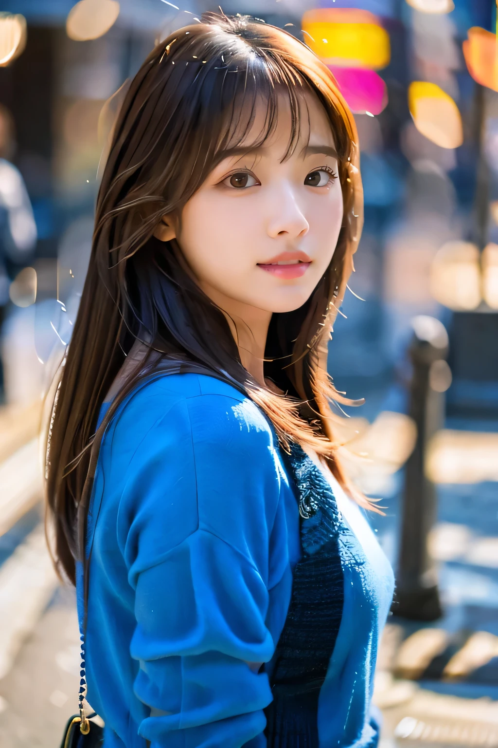 Standing in a futuristic city、17 year old pretty girl、