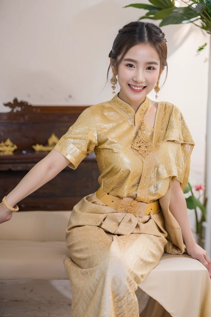 beautiful detail, best quality, 8k, highly detailed face and skin texture, high resolution, cute asian girl in thai traditional dress with smile at thai temple, full body, sharp focus