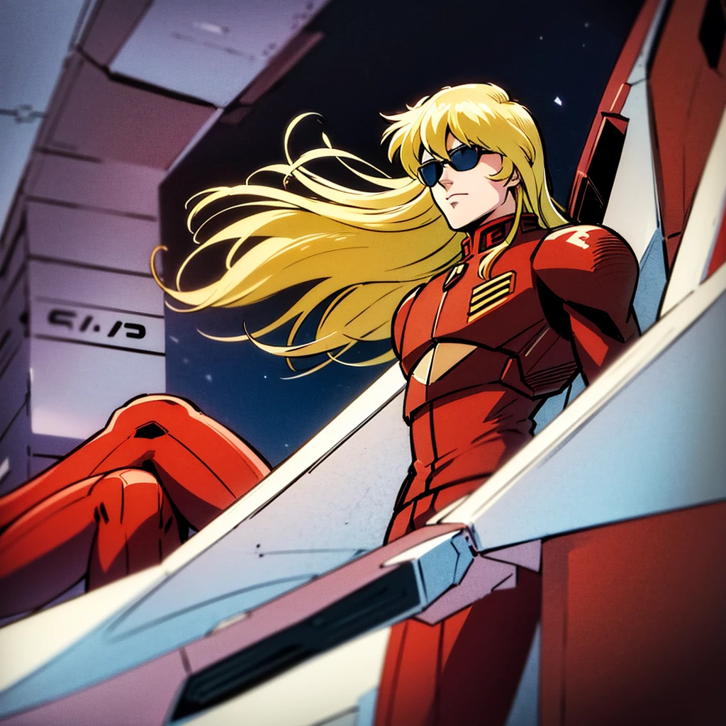 marvel, comic panel, Char Aznable from Gundam series, man, 21 years, long hair blonde middle part hairstyle, pale white skin, blue eyes, wearing a red suit pilot clothing like neon genesis evangelion, white gloves, in a dark atmosphere, hd quality image, autority, like a planning tactician leader, commander, mobile suit pilot, wearing sunglasses, a strong posture of a leader
