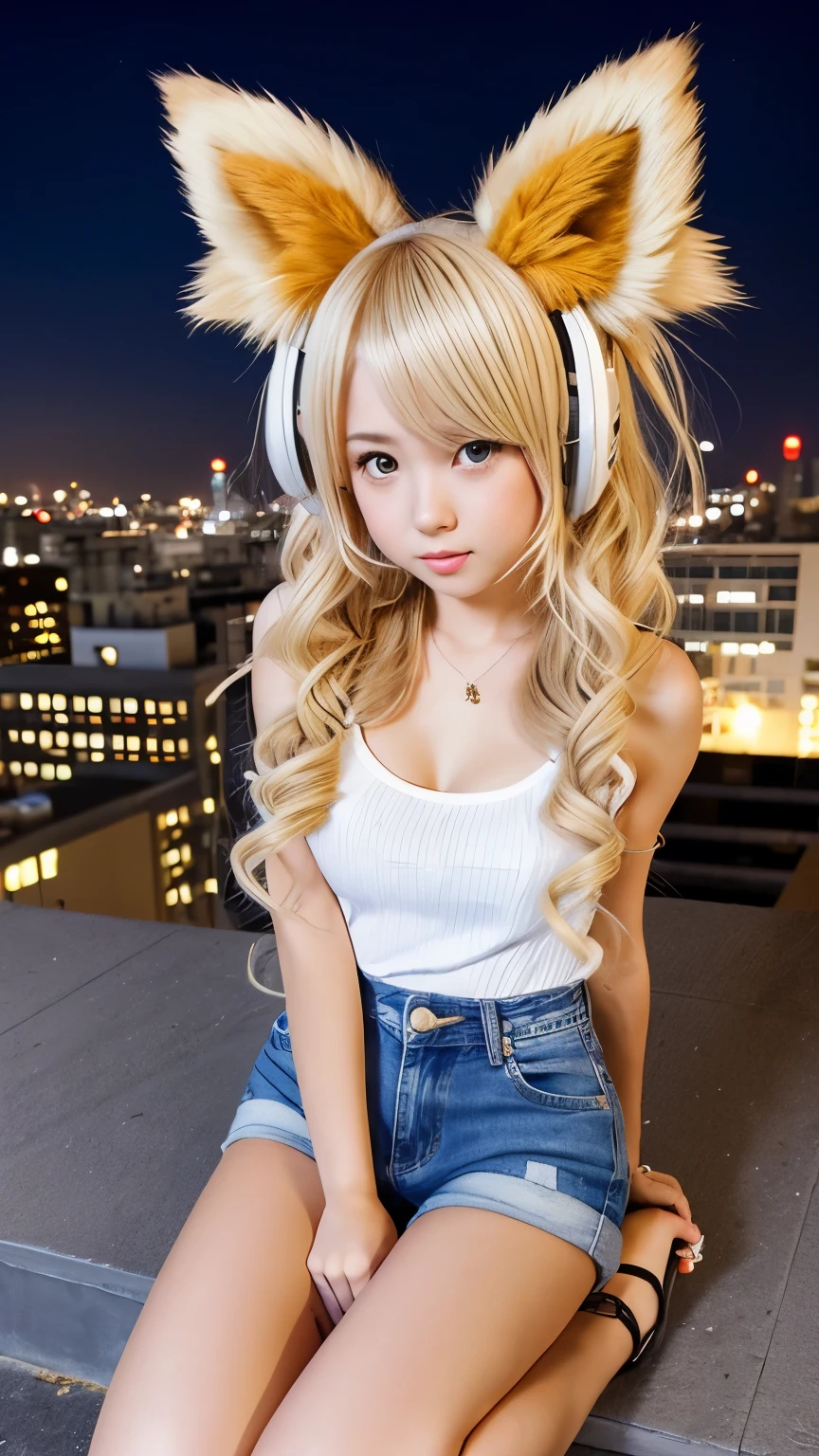apanese girl super cute girl 18 old school girl Woman pouting lips A beautiful anime girl with blonde hair and fox ears kneels on a rooftop at night. shorts jeans