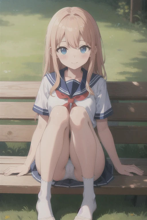 highest quality、Super Resolution、8K,(masterpiece:1.3), (Absurd:1.3), (highest quality:1.3), (Very detailed:1.3), One girl, View your viewers, smile, Outdoor,Photographed from the perspective of looking up at her feet, Summer sailor uniform,ailor collar,、Sit on a bench、She spreads her legs and shyly shows her panties、She shows off her white frilly panties to the viewers.、