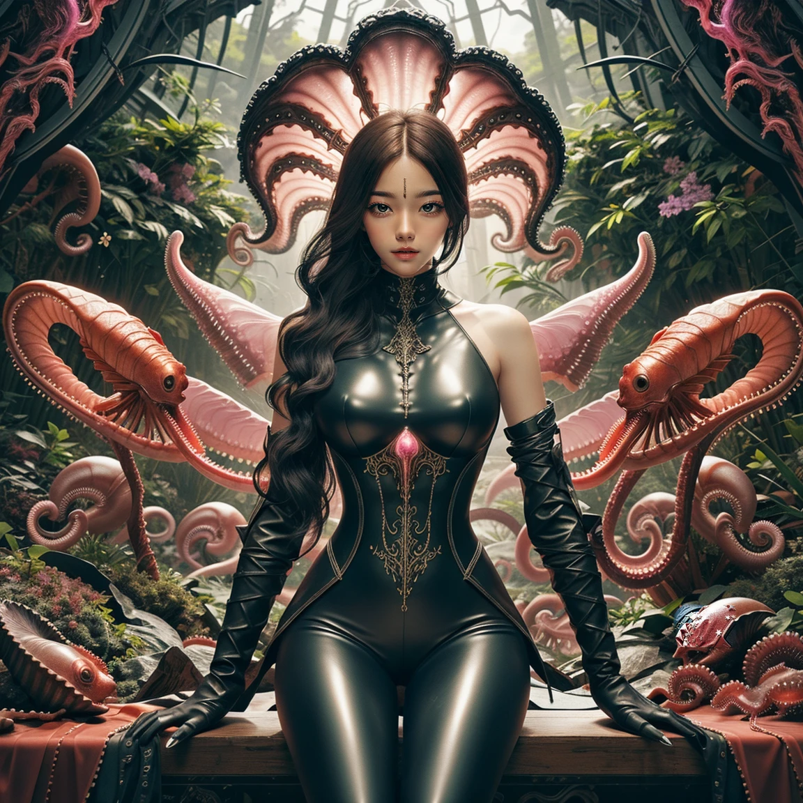 1 girl,sexy armor, green plants，pink leggings, shiny_astride, axially symmetrical, (exposed shouldersbare shoulders:1.1), Huge dark bloody Angel wings，rich background, film shooting, depth of field, Super visual, The art of HR Giger and Beksinski blende in detail, Bloodstained skeletons:1.5，dropping saliva:1.5，Stabbed Huge eyeball:1.5，Bare brain:1.5，a large amount of mucus:1.5，Pepperoni，A large number of homogeneous species:1.5，SPR:1.5，anatomy correct:1.5， Psychedelic background，pink smoke，Dark horror scene. Sharp images, Use edge lights to render at 8K resolution, It shows a terrifying environment full of Lovecraft's tentacles，They twist and pulsate in neon lights. HDR lighting creates complex and detailed shadows on a distorted background, Mutant humanoid. Distorts the environmental structure due to glitch and distortion effects, Surreal and dreamlike elements，Such as a close-up of floating inverted structures and decaying flesh，Create a feeling of disturbing and disorientation. Religious and mystical symbols are scattered against an intricate backdrop，Add a touch of supernatural horror to this already insanely terrifying masterpiece，dream-like, fantasy creation, dream snail, (biopunk nautilus:1.3),thrilling color scheme, amazing mutation, fractal, Geometric pattern, impossible number of transparent white tentacles with luminescent organs:1.4)