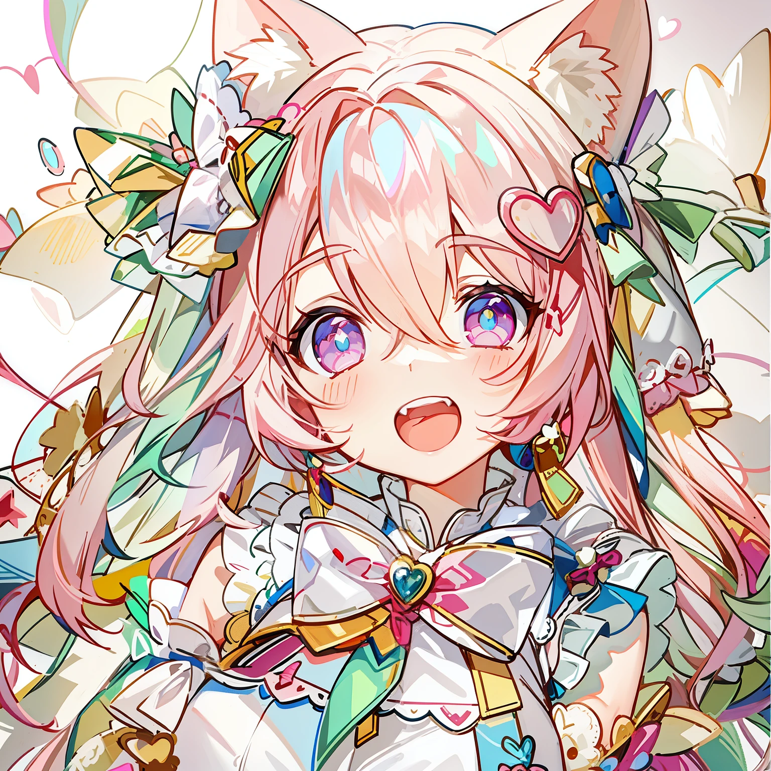 Masterpiece,Best quality, White background, (10:1girll), (10:One guy), Very long hair, White and pink hair , Love decoration , Multiple cyan and pink bows, White and pink pair of cat ears , Cyan eyes , Look straight ahead , love heart , Pink bow tie , White clothes , 5:Open mouth, 5:teeth