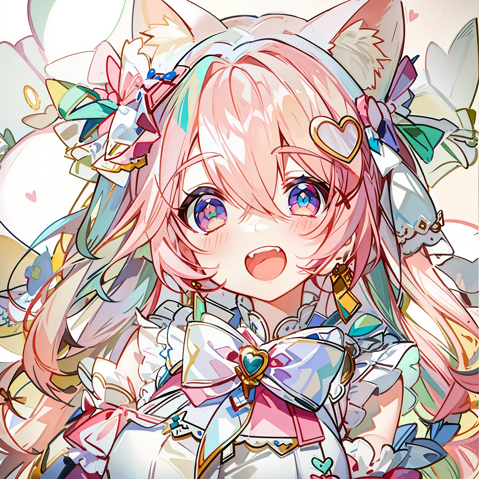 Masterpiece,Best quality, White background, (10:1girll), (10:One guy), Very long hair, White and pink hair , Love decoration , Multiple cyan and pink bows, White and pink pair of cat ears , Cyan eyes , Look straight ahead , love heart , Pink bow tie , White clothes , 5:Open mouth, 5:teeth