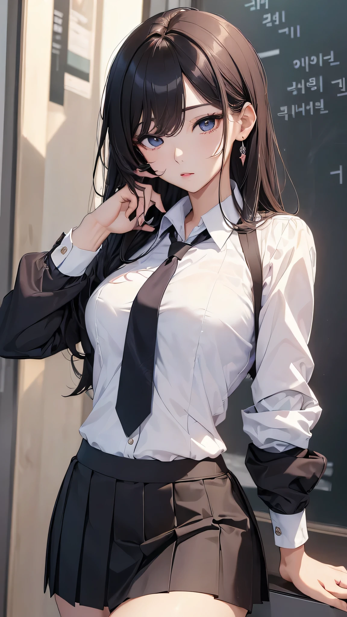 (((masterpiece))),(((High resolution)))、(((8K quality)))、(((perfect face)))、(((Korean idol)))、30 years old, ((shirt and tie)), ((tight skirt)), look at the camera, ((top quality eyes)), detailed texture, look at the camera