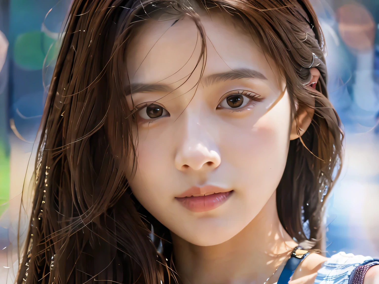 masterpiece、1 beautiful girl、 (reality: 1.4), Japanese、asian beauty、super beautiful、beautiful skin、thin、(upper body)、(super reality)、(High resolution)、(8K)、(very detailed)、(beautiful detailed eyes)、(Super detailed)、(detailed eye description)、big eyes、brown eyes、long eyelashes、detailed face、gloss lip,bright lighting、professional lighting、looking at the camera、serious expression、look straight ahead、long hair、brown hair、sea landscape、Nogizaka Idol、actress、20-year-old、(big breasts)、wet skin、silver latex suit、cleavage cutout、baby face、Moisturized and realistic skin texture、moist lips、natural shadows、(arms up),nsfw,