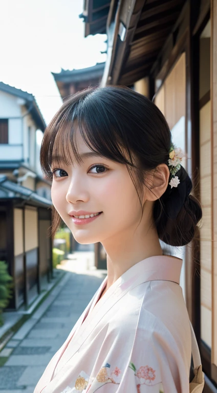 Professional Lighting,(Photorealistic:1.4), (Top image quality:1.0), (超A high resolution:1.0), 8k, Raw photography、(最高quality Detail:1.2)、Realistic、8K Ultra HD、High resolution、(1 girl:1.2)、超Familiarな、High quality textures、Intricate details、Familiar、Very Familiar CG、High quality shadows、Familiar 美しく繊細な顔、Beautiful details and a delicate eye、(Symmetrical eyes:1.2),Written boundary depth、Ray Tracing,1 girl, Japanese Girls, (Natural smile:1.4),cute, thin, Portrait of a beautiful Japanese woman wearing a kimono, Standing elegantly on a street corner in Kyoto. Kimono with vibrant traditional patterns, Hair decorated with elegant and delicate hairpins, Gentle expression. (With the old streets of Kyoto in the background:1.4)、The soft light of a spring afternoon、Adding tranquility to the scene. Rendered in a Realistic style with great attention to detail, High resolutionの画像.Sky Porn, Magic Hour, (Realistic:1.3), finely, quality, (Tabletop:1.2), (Realistic:1.2), (最高quality), (複雑なFamiliar), dramatic, Ray Tracing, photograph, +roller,