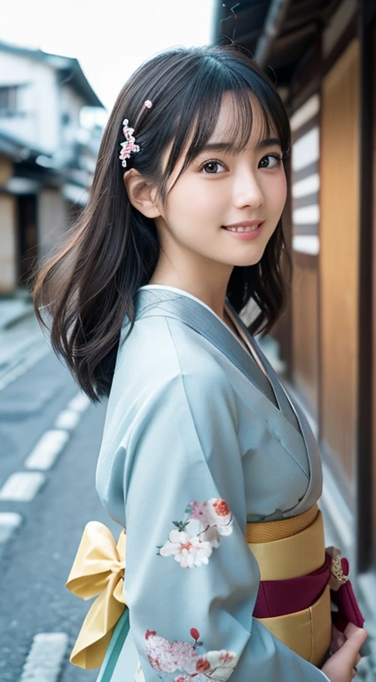 Professional Lighting,(Photorealistic:1.4), (Top image quality:1.0), (超A high resolution:1.0), 8k, Raw photography、(最高quality Detail:1.2)、Realistic、8K Ultra HD、High resolution、(1 girl:1.2)、超Familiarな、High quality textures、Intricate details、Familiar、Very Familiar CG、High quality shadows、Familiar 美しく繊細な顔、Beautiful details and a delicate eye、(Symmetrical eyes:1.2),Written boundary depth、Ray Tracing,1 girl, Japanese Girls, (Natural smile:1.4),cute, thin, Portrait of a beautiful Japanese woman wearing a kimono, Standing elegantly on a street corner in Kyoto. Kimono with vibrant traditional patterns, Hair decorated with elegant and delicate hairpins, Gentle expression. (With the old streets of Kyoto in the background:1.4)、The soft light of a spring afternoon、Adding tranquility to the scene. Rendered in a Realistic style with great attention to detail, High resolutionの画像.Sky Porn, Magic Hour, (Realistic:1.3), finely, quality, (Tabletop:1.2), (Realistic:1.2), (最高quality), (複雑なFamiliar), dramatic, Ray Tracing, photograph, +roller,