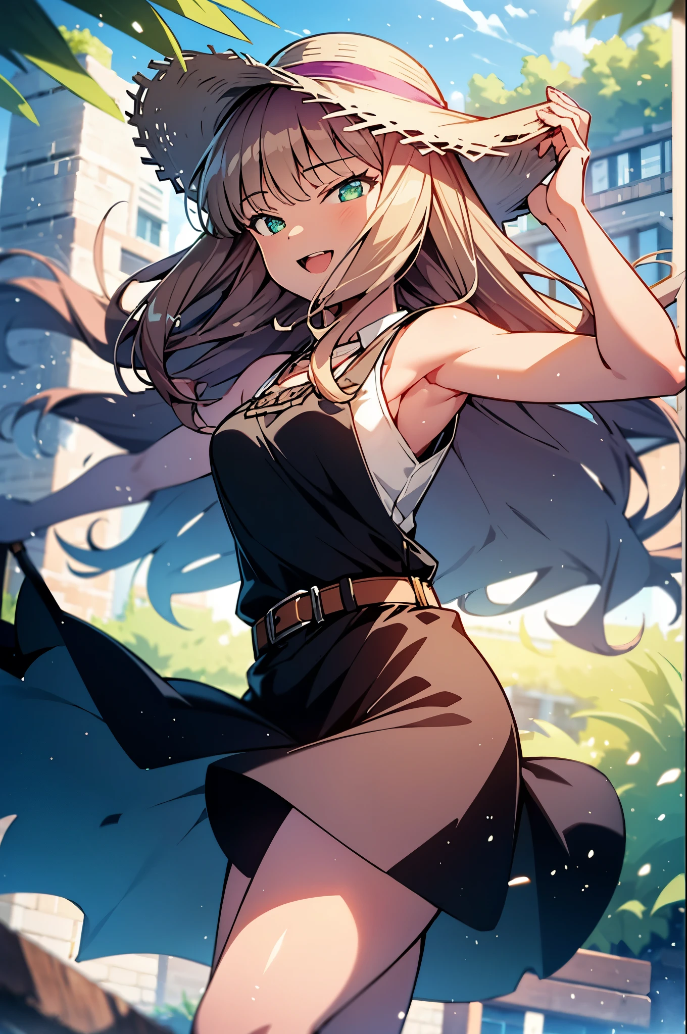 8k,highest quality,masterpiece,The seeds of a southern dream,The seeds of a southern dream sss Dynazenon,Brown Hair,Long Hair,Green Eyes,Short braided hair,happy smile, smile, Open your mouth,Big straw hat,Sleeveless dress,Bare arms,Long skirt, ,Cute heeled sandals,Building district,Clear skies,Daytime,(Cowboy Shot:1. 5),(masterpiece:1.2), highest quality, High resolution, unity 8k wallpaper, (shape:0.8), (Beautiful and detailed:1.6), Highly detailed face, Perfect lighting, Highly detailed CG, (Perfect hands, Perfect Anatomy),