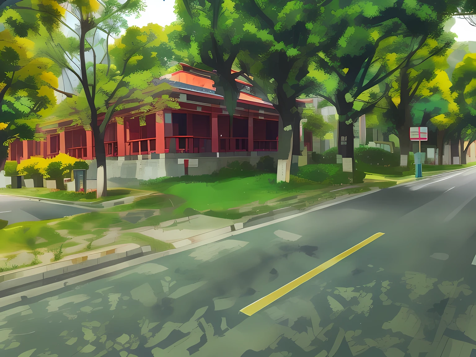 there is a Red Building on the side of the road, Trees,forest,Street View, Chinese Architecture, background, Street Level Landscape, Residential area, by Li Zai, by Liao Chi-chun, neoclassical bureau, author:Yi Zai Guan, captured with sony a3 camera, Street corner, Old building, by Ni Yuanlu, Red Building