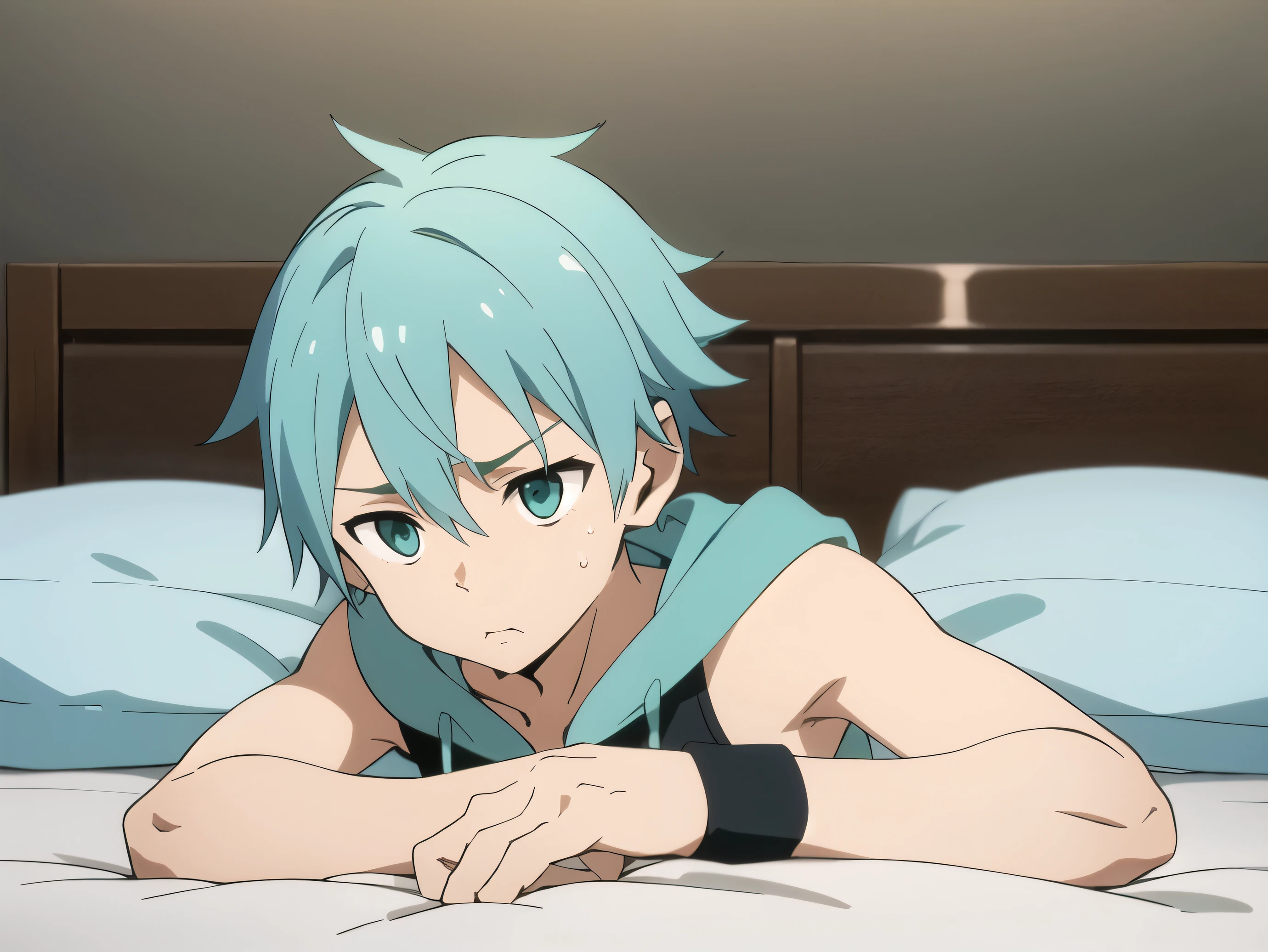 Ultra sharp, Highres, Masterpiece, Best quality at best,Best Quality,hight quality, hight detailed, 1boy, aqua hair, Shota, Sweat, Sleeveless hoodie, Wristband, body, Depth of field, Anime Screencap Style, Lying on the bed, hands folded under head, Cute boy, (very small and short stature), (very young boy), 12-year-old boys, Blurry beckground