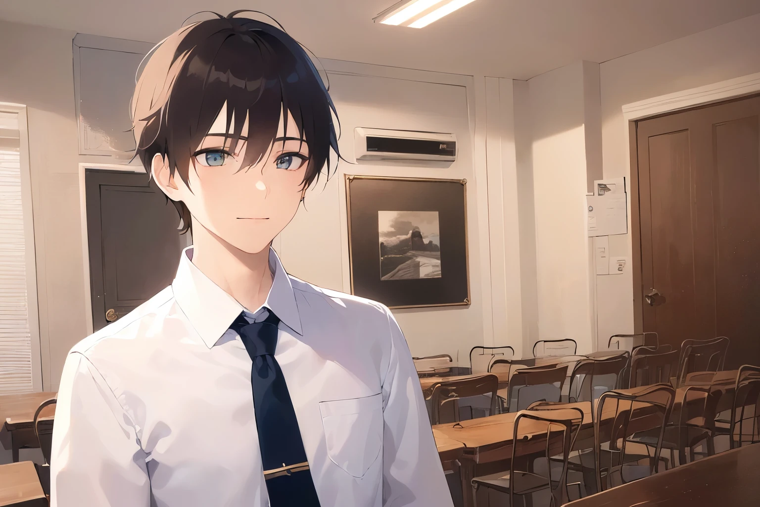 (looking away:1.5)、masterpiece、highest quality、(25-year-old male:1.5) and (Brown short hair) and (Green Eyes), (Wearing a suit:1.3) and (White shirt) and (Blue tie)、Are standing、smile、The background is outside、(Alone:1.5)、Upper body is shown、