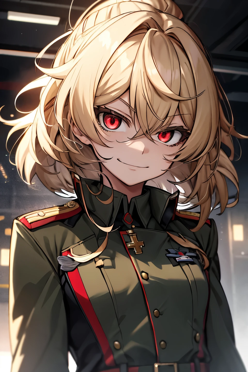 (masterpiece, best quality: 1.1), 1girl solo, tanya, 1girl, solo, , flat chest, small breasts, curvy, military, military uniform, ,, evil smile, wicked expression, anger, red eyes, neutral lighting