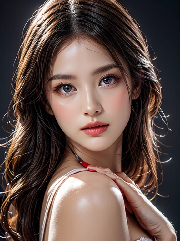 realistic,( photo-realistic), ultra hires, 20 year old, (masterpiece, top quality, best quality, official art, beautiful, raw photo, (high detailed skin:1.4), detailed woman face, kafka, red eyes, red hair, long eyelashes, delicated eyebrows, beautiful lips, high detailed eyes, ((big breasts: 1.2))