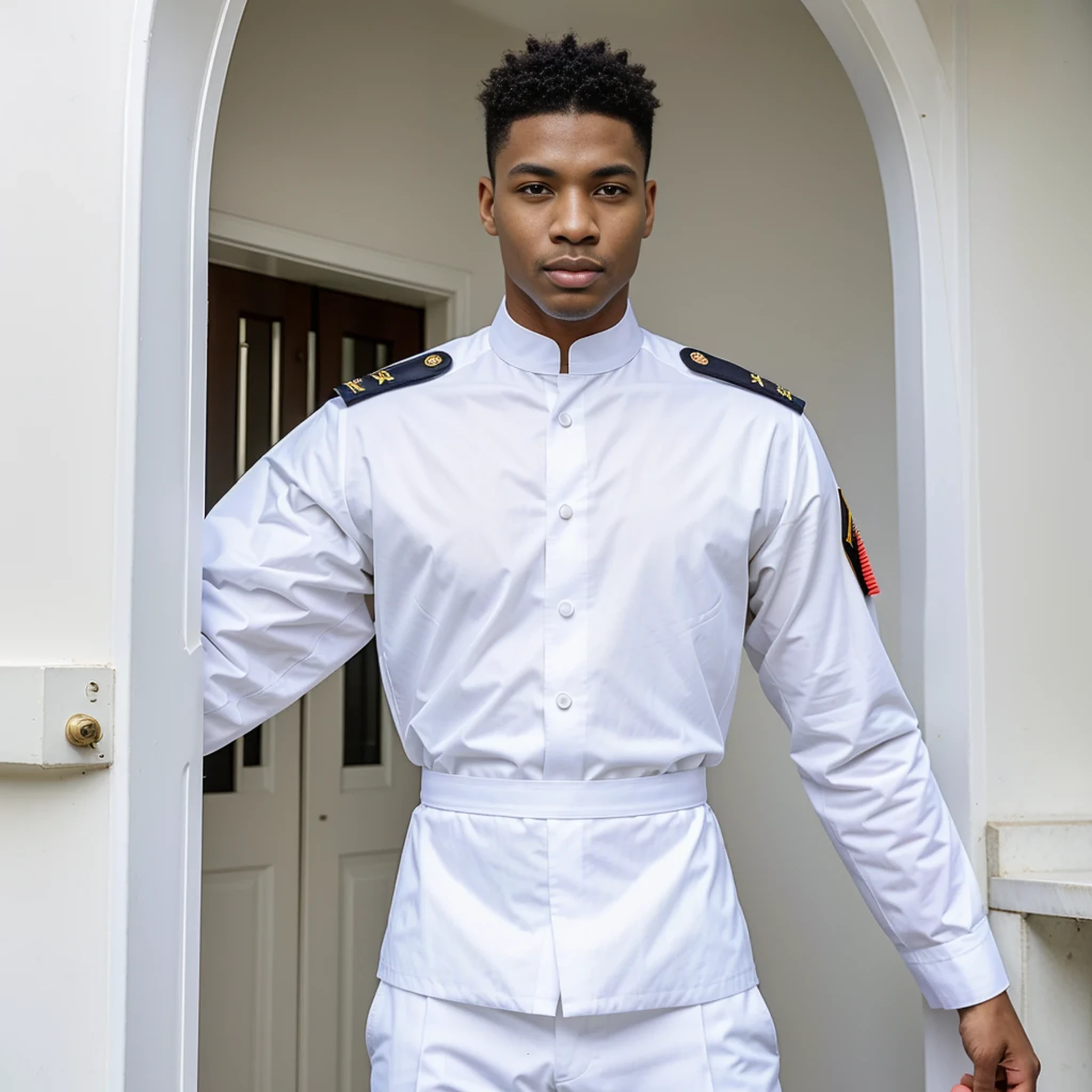 (Higher resolution, distinct_image) A man of the best quality, masterpiece, highly detailed, semi realistic, black man with short hair, with central hair, 18 years old, young, tall and strong, pure white clothes, white uniforms, military uniforms, military academy, undisciplined, unrestrained, handsome, authoritarian, powerful aura, Satan, angel, fine facial features, facial details,