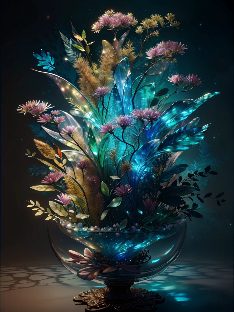 masterpiece of glass sculpture with plants inside, water, glowing, fantasy, high quality, high detail, best quality, rtx, 4k, 8k, include colors white pearl orange gold teal