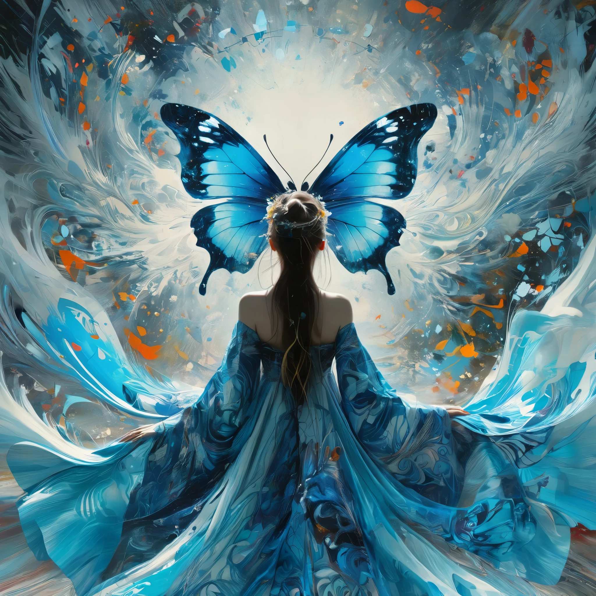 abstract expressionist painting abstract beauty,(a blue butterfly),flying dynamic,moonlight,highly detailed,digital painting,artstation,concept art,smooth,sharp focus,illustration,art by Carne Griffiths and Wadim Kashin . energetic brushwork, bold colors, abstract forms, expressive, emotional, official art,unity 8k wallpaper,ultra detailed,beautiful and aesthetic,masterpiece,best quality,(zentangle, mandala, tangle, entangle),(fractal art:1.3),1girl,(medium breasttremely detailed),((cowboyshot:1.5)),the most beautiful form of chaos,elegant,a brutalist designed,vivid colours,romanticism,by james jean,roby dwi antono,ross tran,francis bacon,michal mraz,adrian ghenie,petra cortright,gerhard richter,takato yamamoto,ashley wood,atmospheric,ecstasy of musical notes,streaming musical notes visible,
