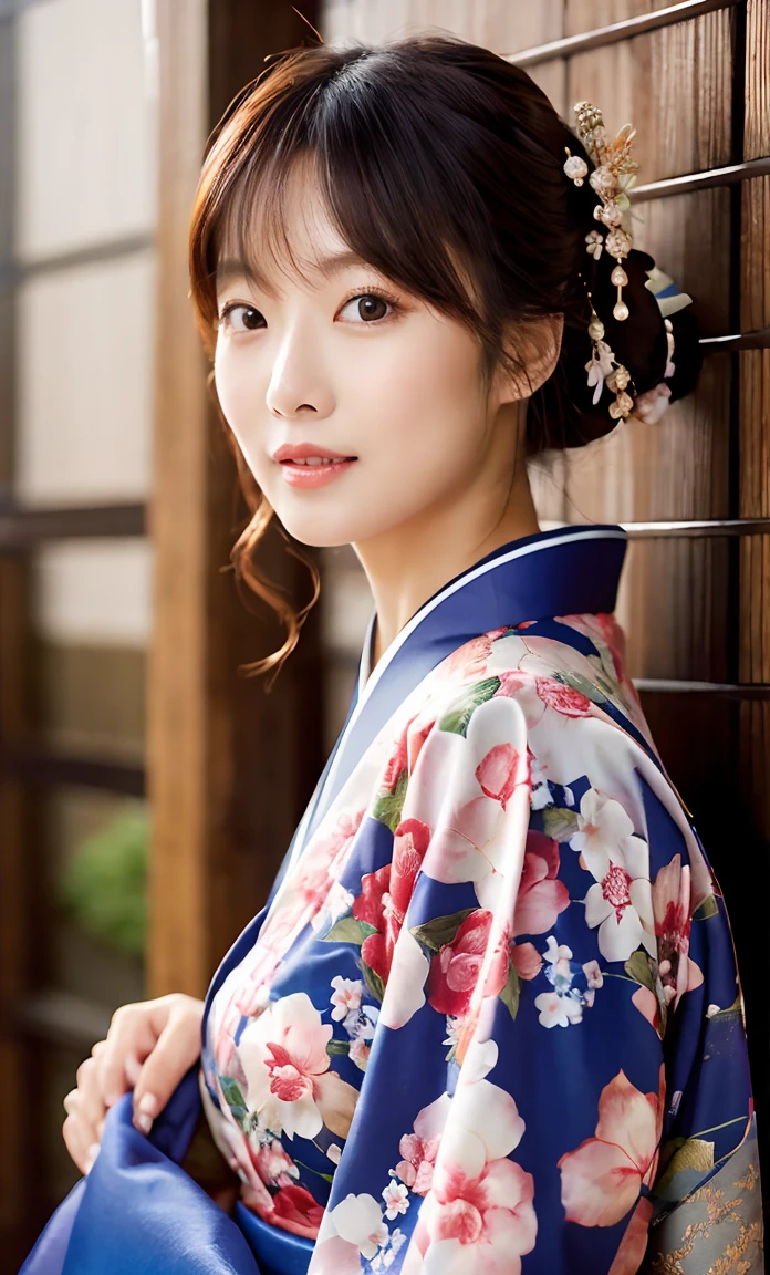 highest quality、High resolution、masterpiece、Very detailedなCG8K、Very detailed、Realistic portraits、(((2 model)))、((Beautiful floral kimono))、I'Hair tied up、Beautiful Japan、Beautiful woman、Beautiful Face、Well-formed eyes、Beautiful kimono figure、(A scene of a woman in a kimono visiting a shrine)、Very slim body type、Slender、Shapely breasts、Long legs、Wrapped in warm light、Smile happily、Hairpin、Thin earrings、Shrines in Kyoto、snow shrine、