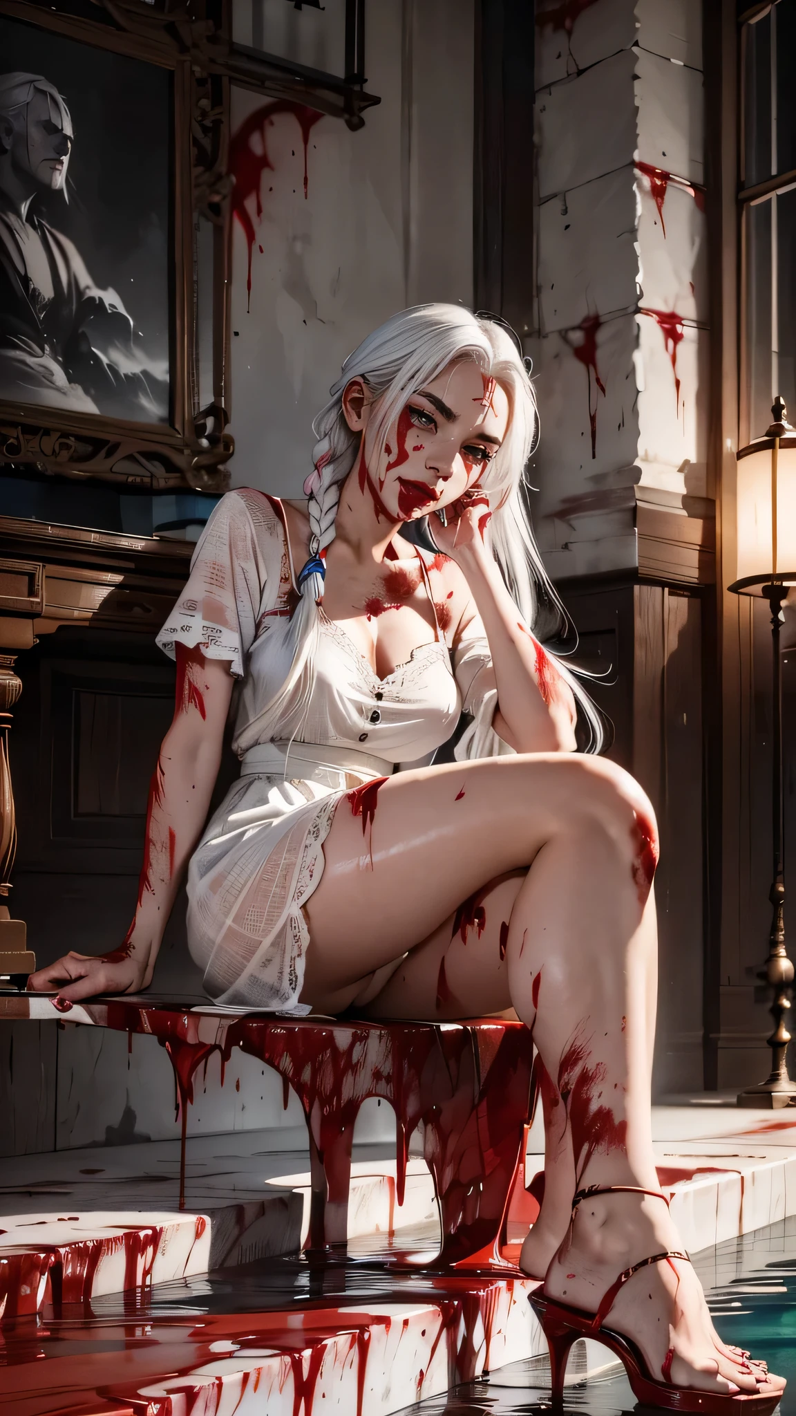 (best quality,highres,ultra-detailed:1.2),a woman with a blood-stained huge axe, disheveled hairstyle, long braids, a woman with dyed white hair, 28 years old, wearing a black short-sleeved dress, White lace at the hem., alluring atmosphere, charming, beautiful, a pool of blood at her feet, ((There was blood on my face.:1.3))