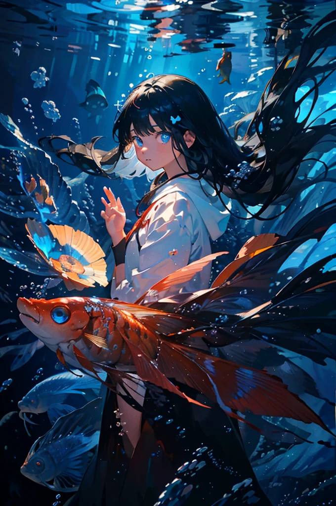(Pieces fly), (highest quality), Very detailed, 1 girl, Solo full body shot, Perfect Face, beautiful girl, Very detailed顔,(Long black hair:1.5),(blue eyes:1.4),(Floating Hair:1.4),(Underwater:1.4),sink,Fish school,Light,jellyfish,Seaweed,Red fish,Yellow fish,deep sea,Fantasy 32K Foam Swirl