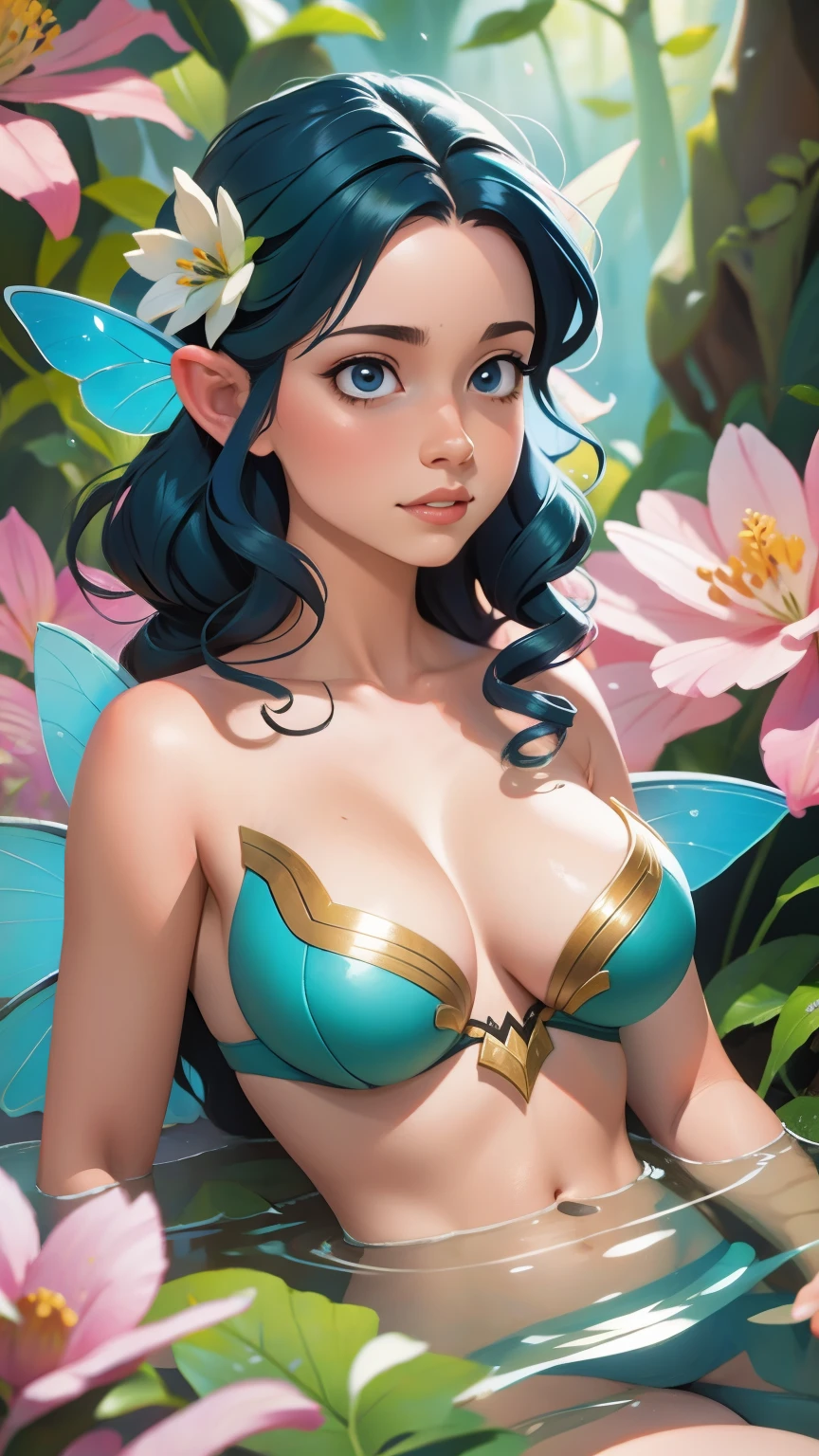 a close up of a fairy sitting on a leaf with a flower, an airbrush painting by Aaron Nagel, trending on cgsociety, fantasy art, faerie, fairy cgsociety, beautiful fairie, beautiful fairy, faeries, beautiful adult fairy, water fairy, fae, beautiful fairies, beautiful avatar pictures, queen of the fairies, very beautiful fantasy art