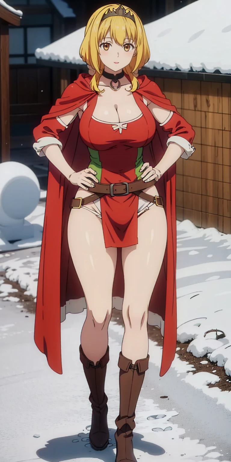 full body standind straight symmetrical, FEMALE warrior princess, cleavage SFW, NICE ASS, BIG KNOCKERS, big brown belt around waist, big brown belt, hair, very white skin like snow, wearing full heavy armor red cape, brown leather boots, adventurer outfit, hands on hips, smirking lustful smile, golden bracers, black choker, golden tiara, feet together, standing on white snow, veteran warrior, Roxxane - Isekai Meikyuu de Harem wo