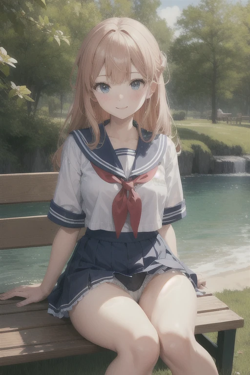 highest quality、Super Resolution、8K,(masterpiece:1.3), (Absurd:1.3), (highest quality:1.3), (Very detailed:1.3), One girl, View your viewers, smile, Outdoor,Photographed from the perspective of looking up at her feet, Summer sailor uniform,ailor collar,、Sit on a bench、She spreads her legs and shyly shows her panties、She shows off her white frilly panties to the viewers.、