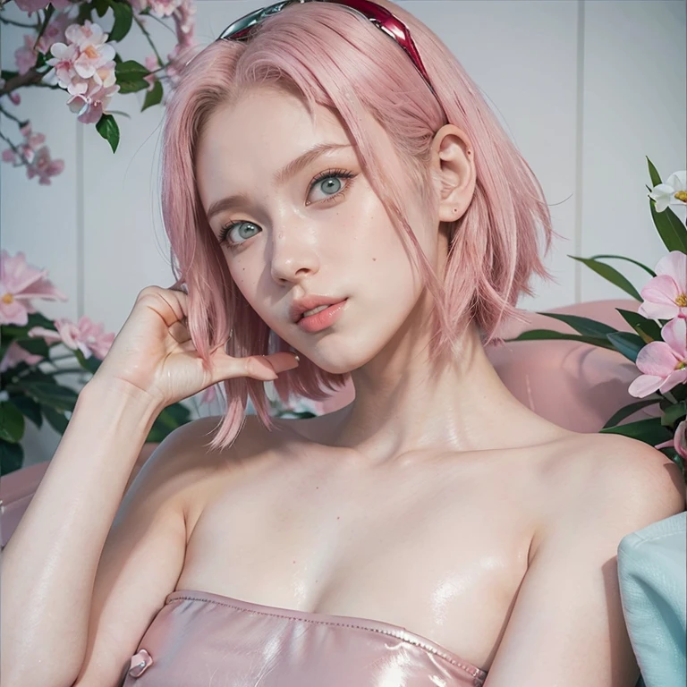 young woman, short shoulder-length pink hair, wide forehead, porcelain skin, pink eyebrows, big emerald green eyes, buttoned nose, full lips, heart-shaped face, slender body, small breasts, maroon leather tank top, Sakura Haruno, realistic, Realism, details, 3d, well detailed.