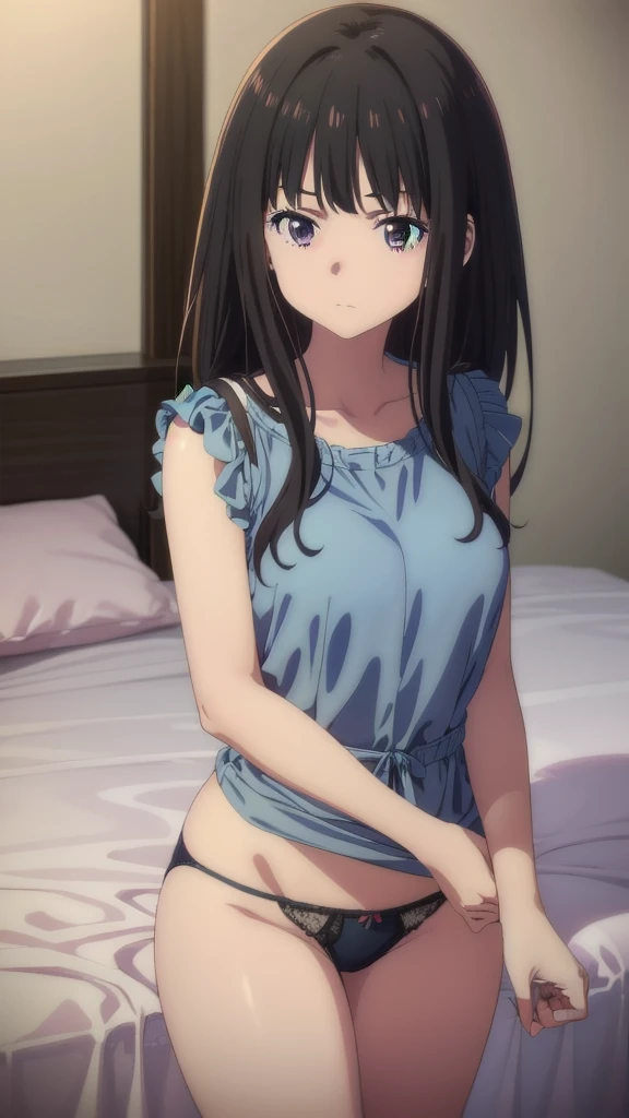 (((Pixel Perfect, Perfect detail))), ((alone, 1 girl)), takina inoue, Looking at the audience, Shut your mouth, (between breasts), (showing panties:1.3), (lie on the bed:1.3), indoor, (upper Body)