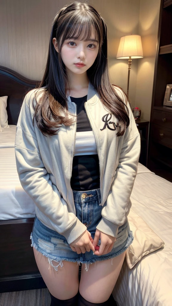 muste piece, best quality, illustration, Super detailed, fine details, High resolution, 8K,wall paper, perfect dynamic composition,(Details High quality, realistic depiction of eyes:1.3), (Fashionable, Baseball Jacket, Oversized T-shirt, a denim miniskirt), long straight hair, black hair color, Big Natural Color Lip, crying a little、cold gaze, Harajuku style、20 year old girl、cute type、lolita、beautiful legs, hotel room, Gravure Idol, Voluptuous thighs