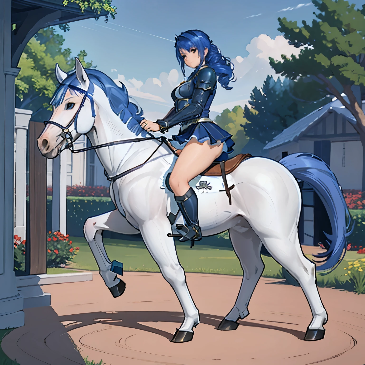 ((best quality)), ((anime masterpiece)), (detailed), 8k, perfect face, female knight, from side, long hair, female knight, (blue armor, blue miniskirt, blue boots), horseback riding, horse riding, solo, (white horse, saddle, stirups, reins: 1.5), walking: 1.5, forest, scenery, from side: 1.5, anatomically correct, trails