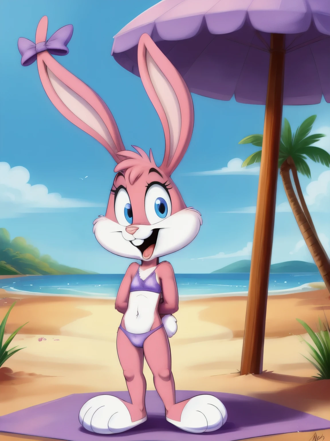 Babs, bunny, girl, standing, blue eyes, rabbit teeth, pink nose, pink body, pink head, pink ears, pink legs, white cheeks, white feet, erect ears, purple bikini, purple bows on the ears, standing, hands behind your back, mouth open, looking at viewer, young, , dwarf, legs without knee, beach background
masterpiece, detailed, detailed background, 8k, 4k, detailed shaders