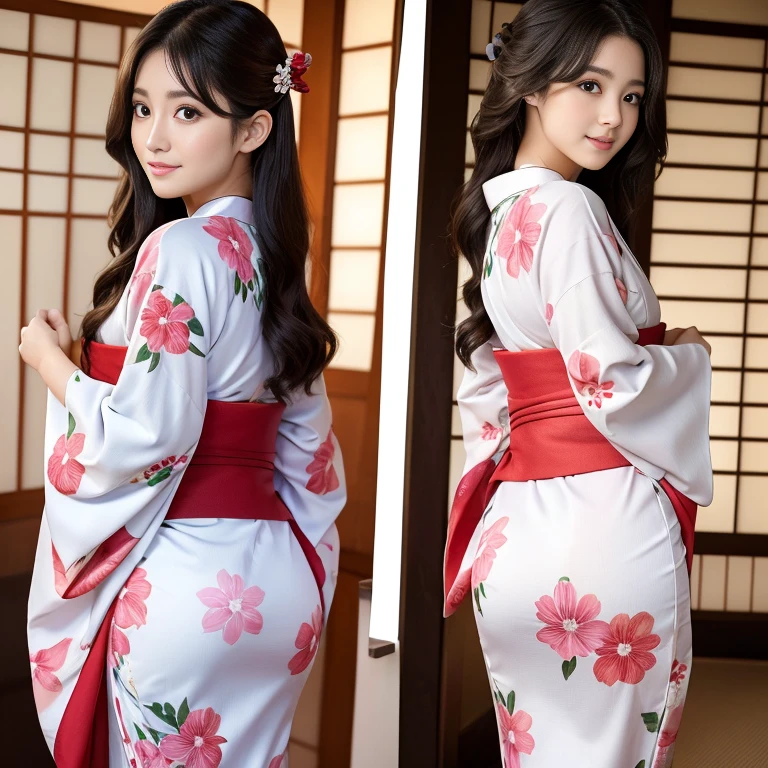 Best-quality, Masterpiece, Ultra-High-Resolution, (Photorealistic:1.4), Raw-Photo, 1girl, the most famous Japanese idol, wearing Japanese-KIMONO, upturned ass that wearing Japanese-KIMONO, looking at viewer, innocent-smile, the most cute face, the most beautiful big-eyes, the most beautiful hair, the most beautiful skins, the most beautiful long-eyelashes, the most beautiful lips, the most beautiful hip