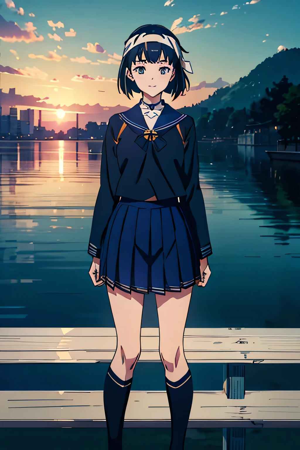 (Highly detailed CG unity 8k), (highest quality)，(very detailed)，(ultra high resolution), (fine eyes), (detailed facial features), (Detailed features of clothing), HDR, 8K resolution, navy blue sailor uniform, High school Japanese girl , Dark blue skirt, Anime 2D rendering, smile, black hair, (((navy blue sailor uniform))), black stockings, (((school scenery))), (((small face))), bob cut, ((White headband)), Happy pose,