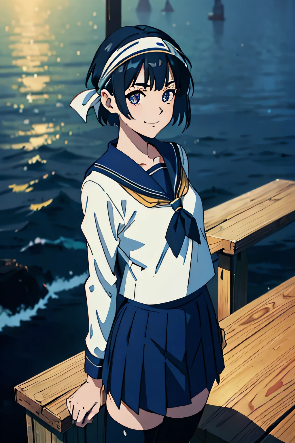 (Highly detailed CG unity 8k), (highest quality)，(very detailed)，(ultra high resolution), (fine eyes), (detailed facial features), (Detailed features of clothing), HDR, 8K resolution, navy blue sailor uniform, High school Japanese girl , Dark blue skirt, Anime 2D rendering, smile, black hair, (((navy blue sailor uniform))), black stockings, (((school scenery))), (((small face))), bob cut, ((White headband)), Happy pose,