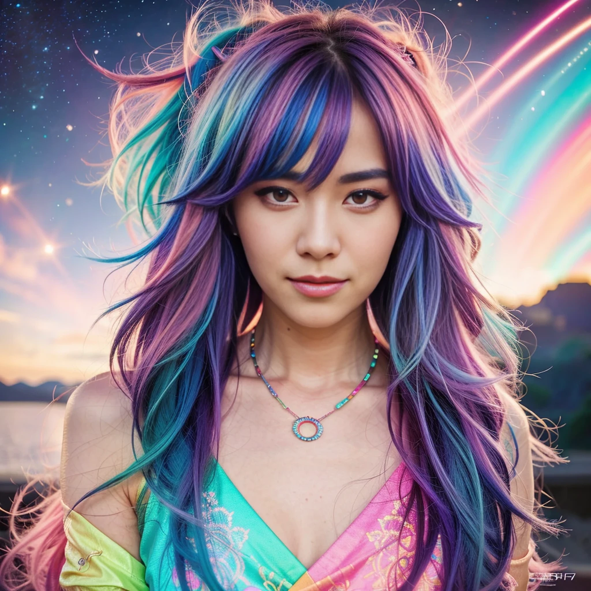 a close up of a woman with colorful hair and a necklace, anime girl with cosmic hair, rossdraws pastel vibrant, artwork in the style of guweiz, fantasy art style, colorful]”, vibrant fantasy style, rossdraws cartoon vibrant, cosmic and colorful, guweiz, colorfull digital fantasy art, stunning art style, beautiful anime style