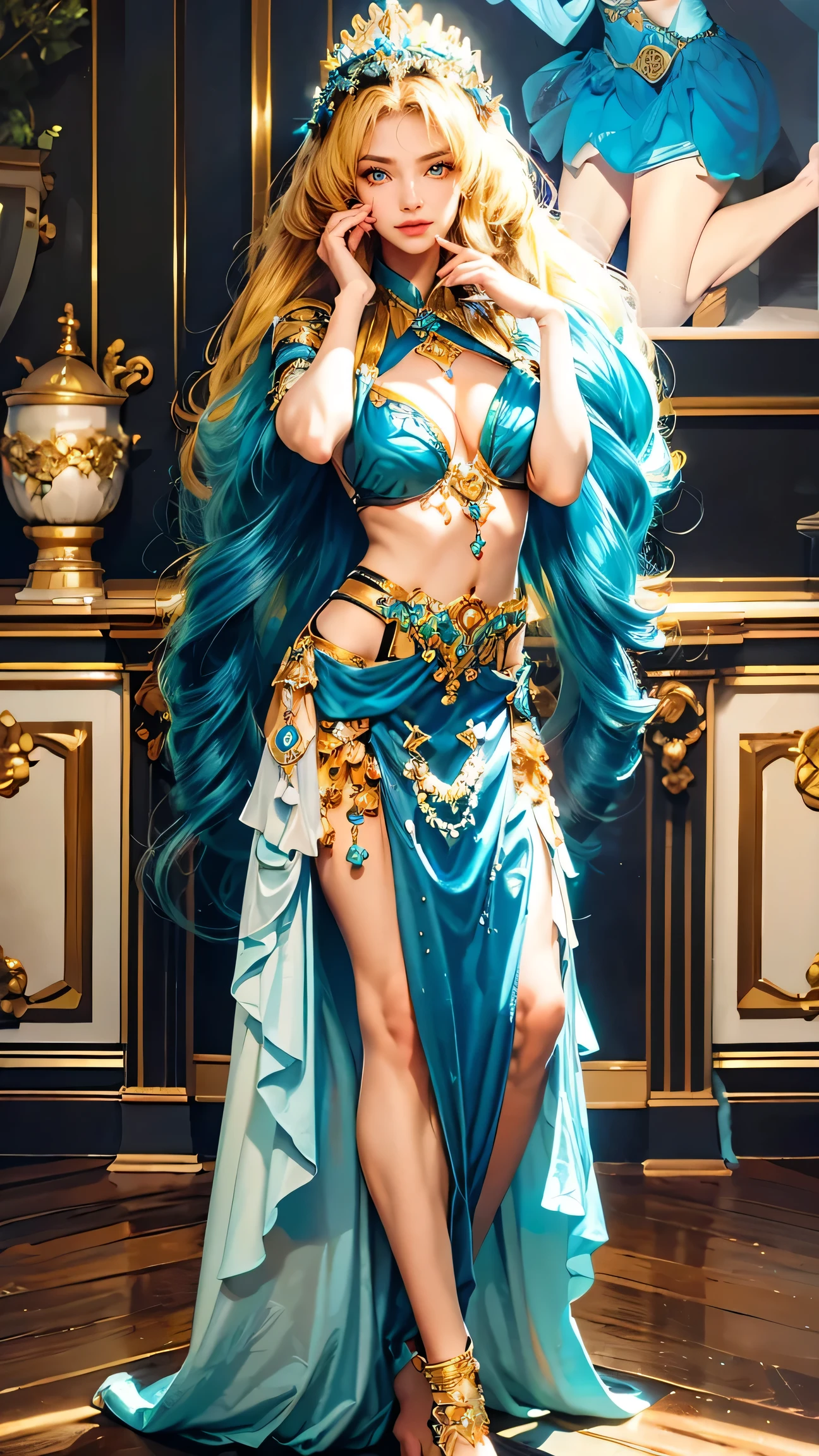 Best Best quality, masterpiece, ultra high res, raw photo, beautiful and aesthetic,deep shadow, dark theme,(photorealistic:1.4),
1girl, frills, gloves, stoking, dance, Headdress, hair ornament, full of coral and sea element, drill hair, long hair, blonde hair, gradient hair, yellow eyes, solo, huge breasts, big hair, blue hair, tiara, divine goddess, looking at viewer, royal palace, indoors, bedroom, astraea, full body, 3gypt1anb3llyD, barefoot, midriff, dancer, (green) belly dancer