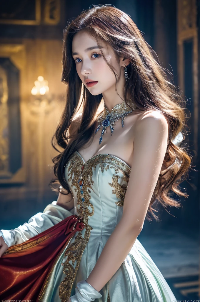 tmasterpiece,top-quality,best qualityer,((photorealestic:1.9)),(femele:1.4),(Large breasts),female mage,robe,complex patterns,The background is the castle,dramatics,(magia:1.8),(Glowing scepter:1.5),Mysterious symbol